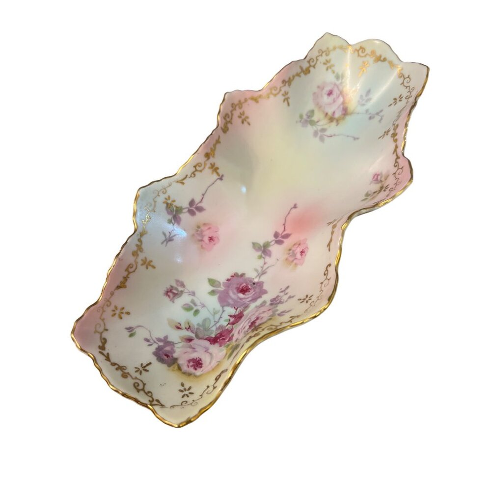 Royal Crown Chantilly Rose Hand Painted Porcelain Dish 2885 Scalloped Gold Trim